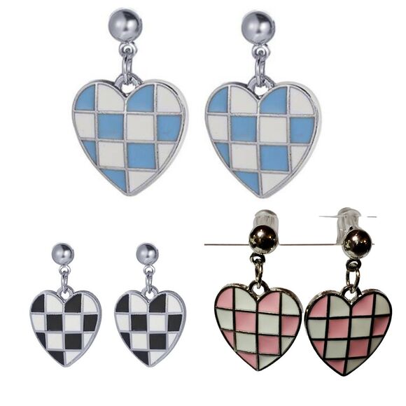 NEW 3 Checkerboard Heart Fashion Earrings - Picture 1 of 7
